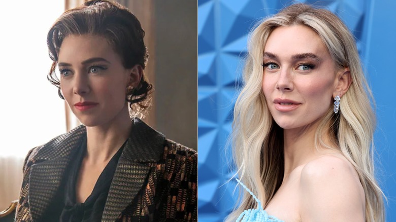 Fotografías una al lado de la otra de Vanessa Kirby en el personaje de la Princesa Margarita (izquierda) y ella misma en la alfombra roja (derecha)