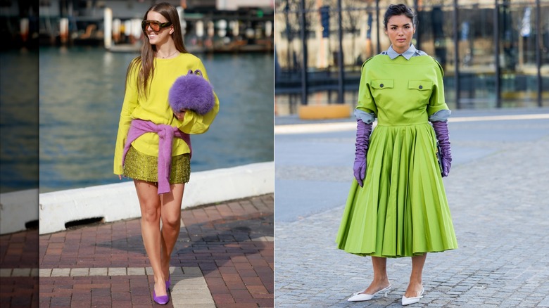 Mattie Gouman viste una sudadera de color amarillo lima, una falda de cuentas verde y accesorios morados durante la Semana de la Moda Australiana en Sydney en mayo de 2026 / Clara Kong Vila viste un vestido plisado verde y guantes morados durante la Semana de la Moda de Milán en febrero de 2026