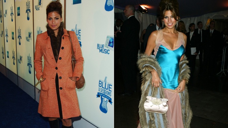 Eva Mendes con un abrigo naranja y un top negro con ribete de piel en 2003 a la izquierda y en 2004 con un top azul sedoso con un abrigo de piel a la derecha.