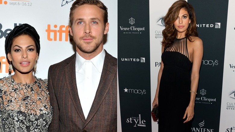 Eva Mendes con un top con estampado floral junto a Ryan Gosling en 2012 a la izquierda y en un evento con un vestido negro con un top sin mangas de tiras en 2013 a la derecha.