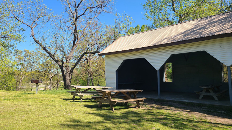 Refugio para picnic con mesas rodeadas de árboles en Monett City Park en Monett, Missouri