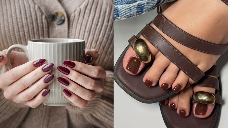 Una manicura burdeos que se muestra a la derecha y una pedicura marrón que se muestra a la izquierda.