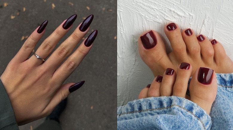 Una manicura púrpura mística que se muestra a la derecha y una pedicura rojo vino que se muestra a la izquierda.