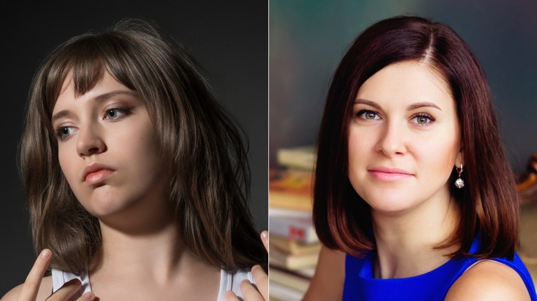 Una mujer hermosa con un lóbulo marrón con flequillo (L) y una mujer luciendo un corte de pelo elegante (R)