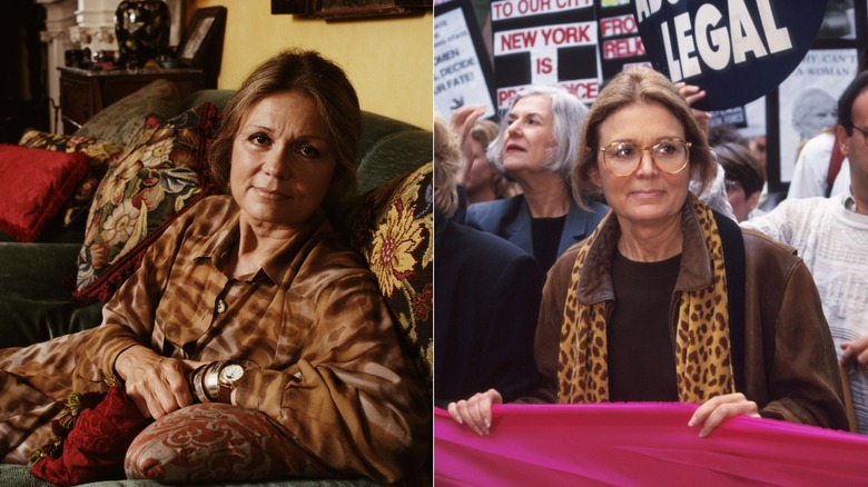 Gloria Steinem en su apartamento de la ciudad de Nueva York en noviembre de 1990 / Gloria Steinem en la manifestación por los derechos de las mujeres en la ciudad de Nueva York en octubre de 1995