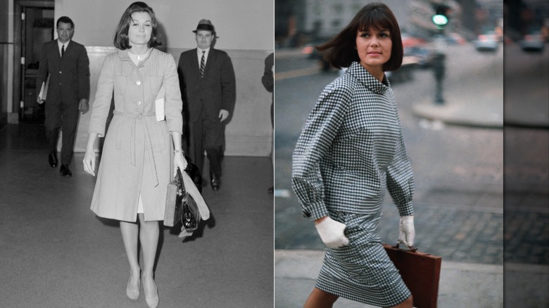 Gloria Steinem frente a la Corte Suprema después de ser citada por el SLA en mayo de 1963 / Gloria Steinem con un traje de falda a cuadros para la revista Glamour en febrero de 1964