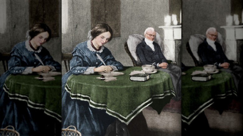 Retrato de Charlotte Brontë escribiendo sobre papeles en una mesa