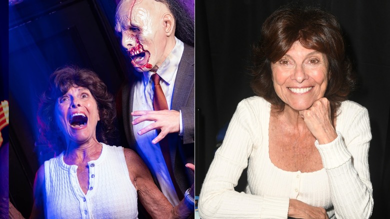 Adrienne Barbeau posa y finge gritar junto a un presentador de un programa de comedia de terror a la izquierda, y posa con la barbilla en la mano con un suéter blanco a la derecha.
