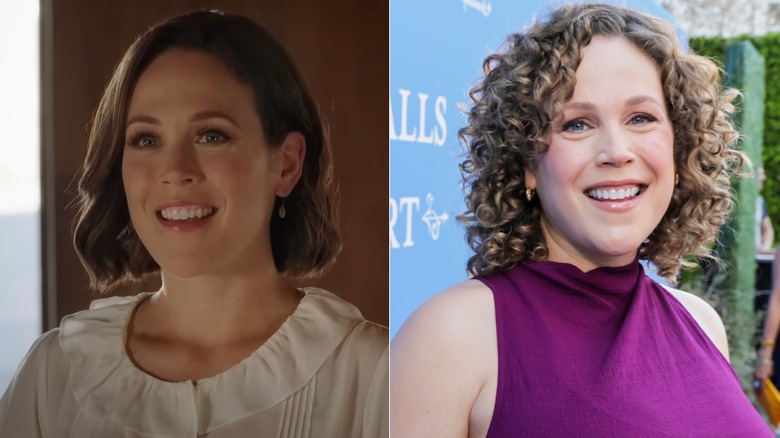 Fotografías una al lado de la otra de Erin Krakow en su personaje de When Calls the Heart (izquierda) y como ella misma en la alfombra roja (derecha)