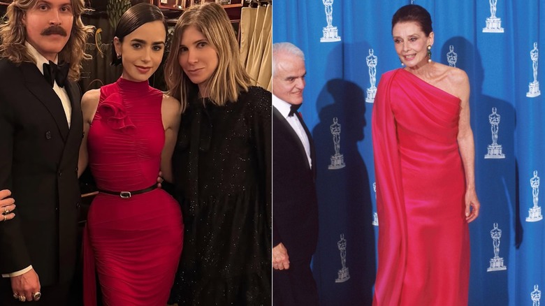 Lily Collins con un vestido rojo en 2025 y Audrey Hepburn en 1992