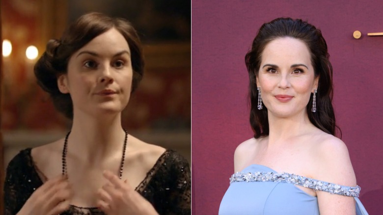 Michelle Dockery luciendo un vestido negro y un vestido azul