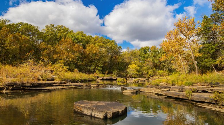 Cielo azul y nubes sobre un lago rocoso rodeado de árboles dentro del Parque Estatal Osage Hills de Oklahoma