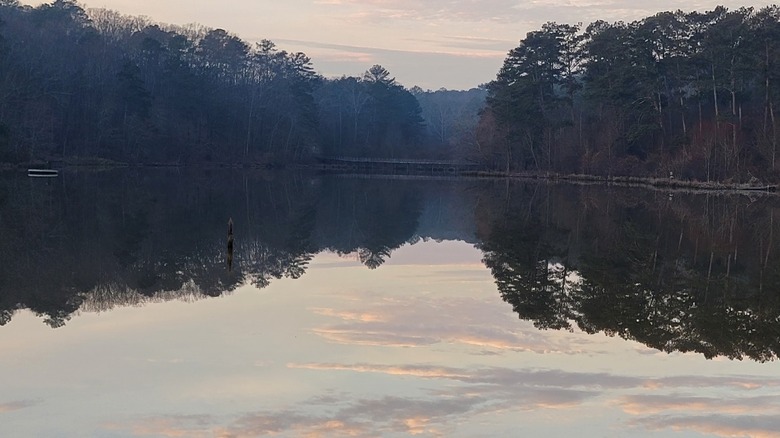 Amanecer sobre un lago en el Parque Estatal Panola Mountain.