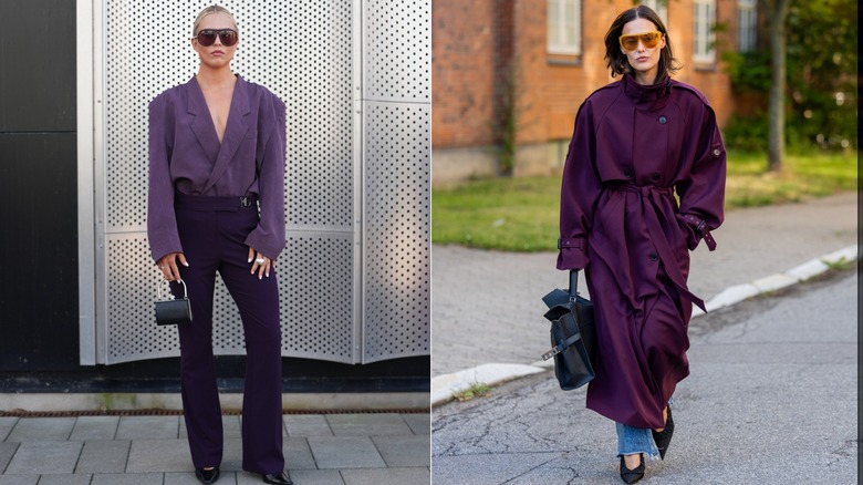 Una invitada con una blusa cruzada y pantalones morados durante la Semana de la Moda de Copenhague en agosto de 2026 / Una invitada viste jeans y una gabardina morada durante la Semana de la Moda de Copenhague en agosto de 2026