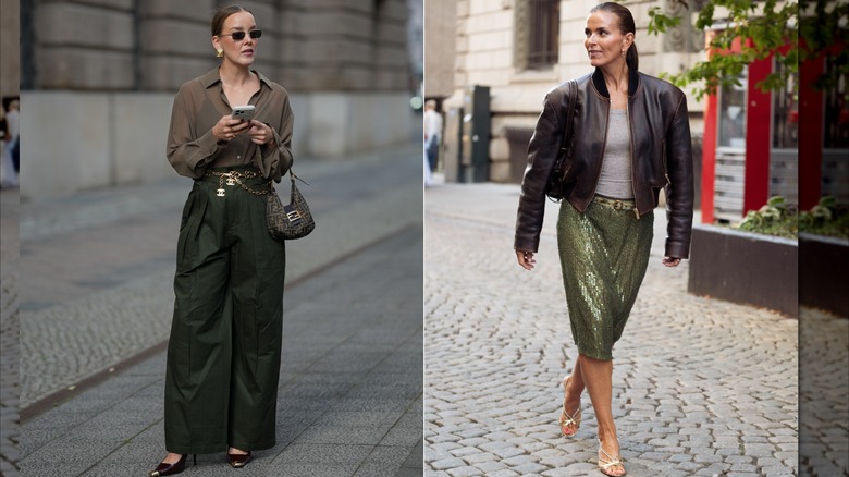 Tina Hasse con una blusa caqui y pantalones cargo verde oliva y accesorios dorados durante la Semana de la Moda de Berlín en julio de 2026 / Janka Pollianii viste una chaqueta bomber de cuero marrón oscuro sobre un top gris y una falda de lentejuelas verde oliva durante la Semana de la Moda de la Pasarela de Oslo en septiembre de 2026