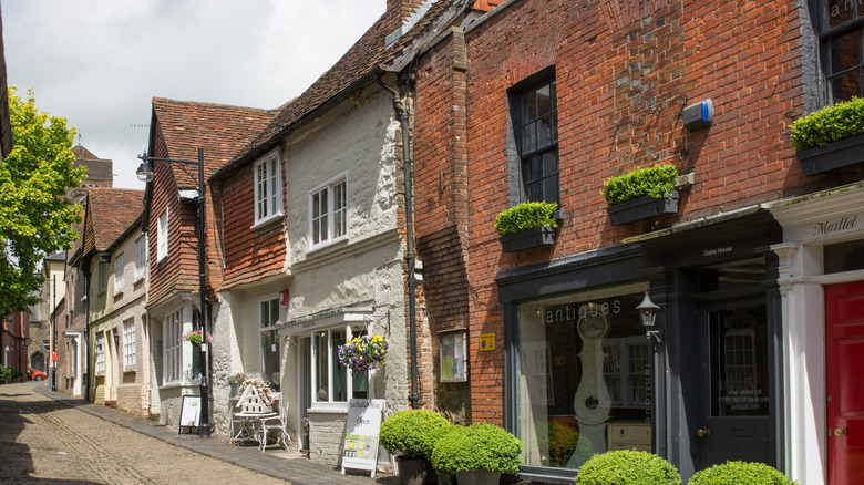Escaparates de ladrillo para tiendas de antigüedades a lo largo de Lombard Street en Petworth, Inglaterra