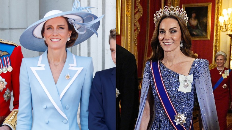 Izquierda: Kate Middleton usa un sombrero durante Trooping the Color 2026. Derecha: Kate Middleton usa una tiara en un banquete estatal en diciembre de 2025.