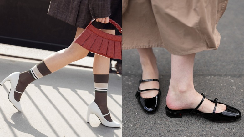 Un par de zapatos Mary Jane blancos de tacón con calcetines y un bolso rojo durante la Semana de la Moda de París en marzo de 2026 / Un par de mulas Mary Jane negras en Berlín en mayo de 2026