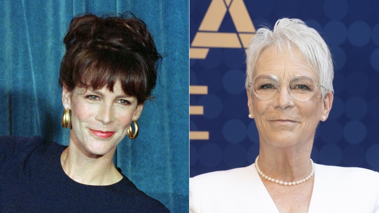 Jamie Lee Curtis con cabello castaño en 1989 y cabello gris en 2026