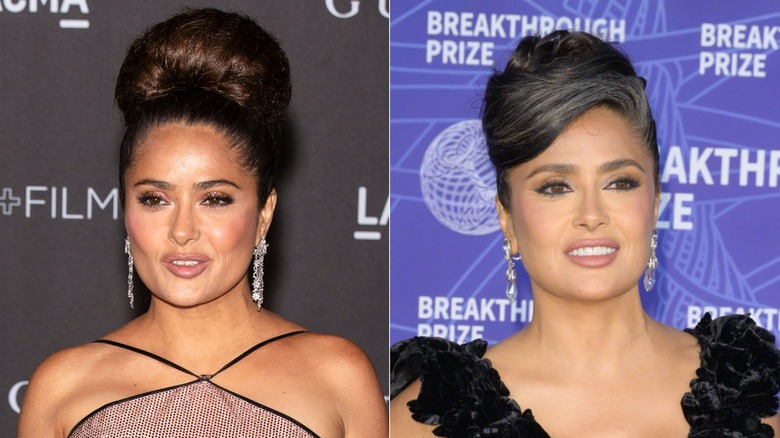 Salma Hayek con el pelo gris asomando mientras lleva un recogido