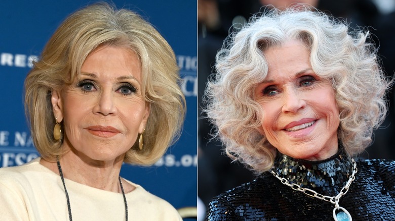 Jane Fonda con cabello rubio en 2019 y canas en mayo de 2026