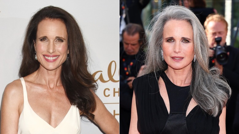 Andie MacDowell con cabello negro en 2017 y canas en 2026