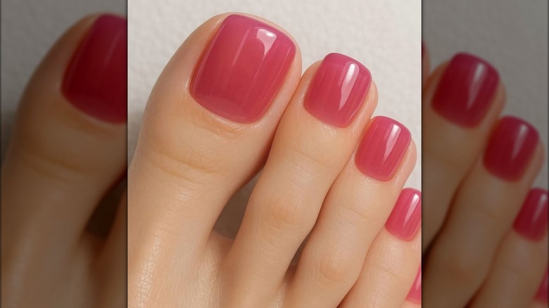 Una pedicura con esmalte de uñas de gelatina rosa.
