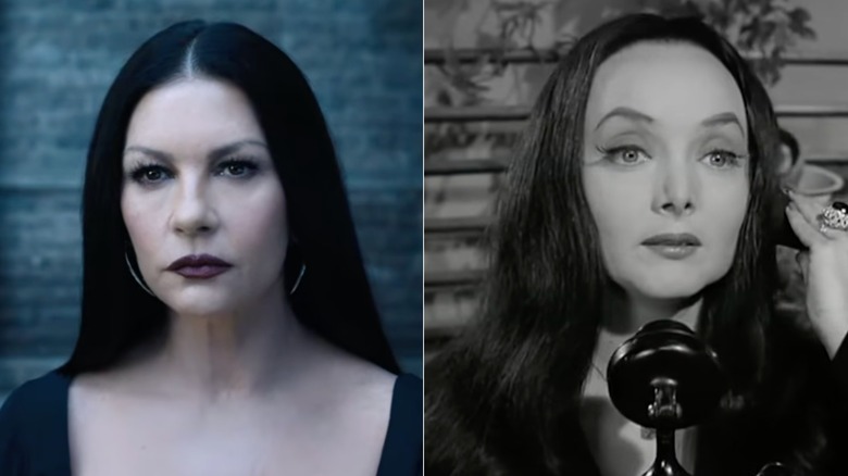 Fotografías una al lado de la otra de Catherine Zeta-Jones (izquierda) y Carolyn Jones (derecha) en el personaje de Morticia Addams.