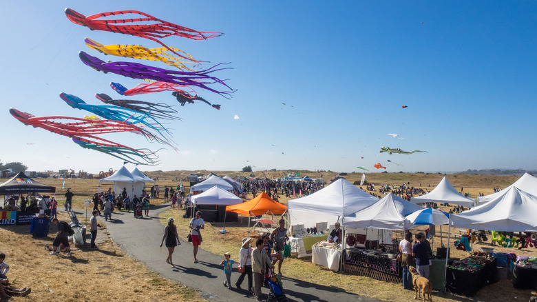 Cometas gigantes vuelan en el cielo en el festival anual de cometas en el Parque César Chávez