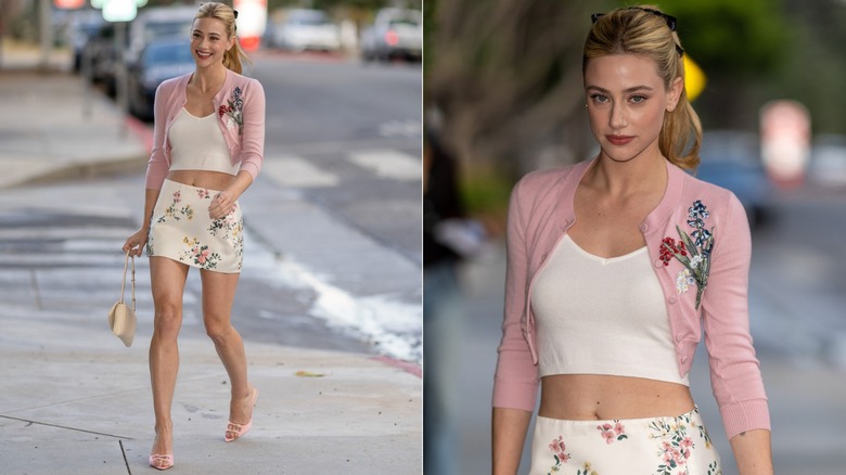 Lili Reinhart luciendo un conjunto de cárdigans cortos y minifalda en una caminata de pap