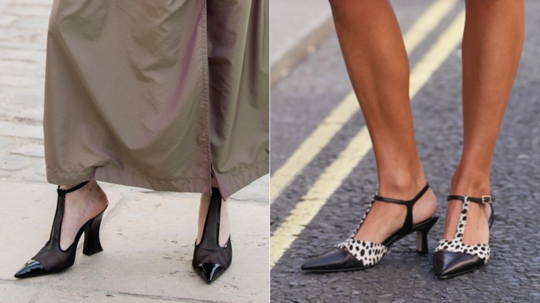 Una mujer con una gabardina marrón y tacones negros brillantes con tiras en T a la izquierda y una mujer con tacones con tiras en T con estampado animal en blanco y negro a la derecha.
