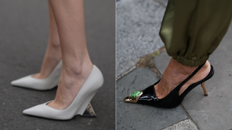 Una mujer con zapatos blancos con tacón invertido a la izquierda y una mujer con pantalón verde y tacones negros con una puntera adornada a la derecha.