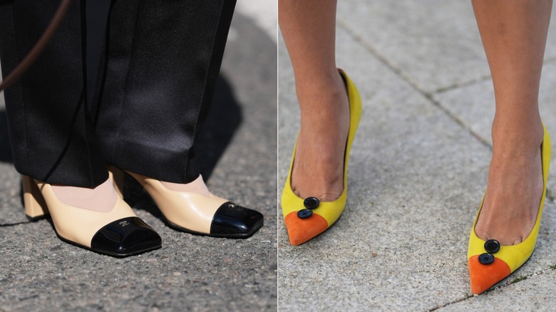 Una mujer con pantalones de satén negros y tacones color crema y negro a la izquierda y una mujer con tacones de dos tonos naranja y amarillo con detalles de botones negros a la derecha.