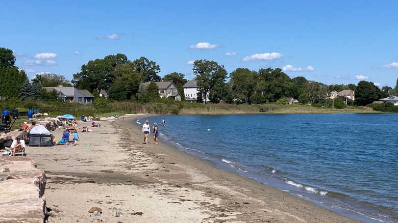 Gente tomando sol y remando en North Kingstown Town Beach, con árboles y casas al fondo