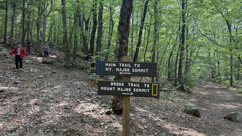 Señales de senderos y excursionistas en Mount Major State Forest en Alton, New Hampshire