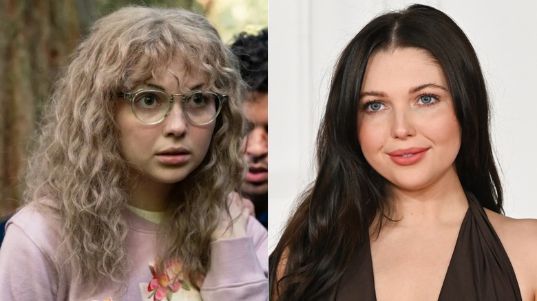 Fotografías una al lado de la otra de Sammi Hanratty como personaje de Yellowjackets (izquierda) y como ella misma en la alfombra roja (derecha)