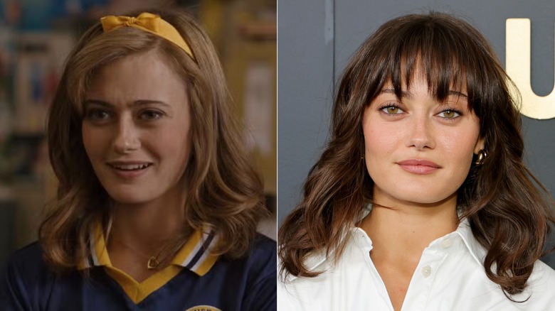 Fotos una al lado de la otra de Ella Purnell como su personaje de Yellowjackets (izquierda) y como ella misma en la alfombra roja (derecha)