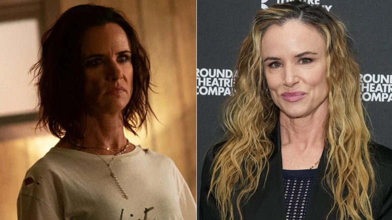 Fotos una al lado de la otra de Juliette Lewis como su personaje de Yellowjackets (izquierda) y como ella misma en la alfombra roja (derecha)