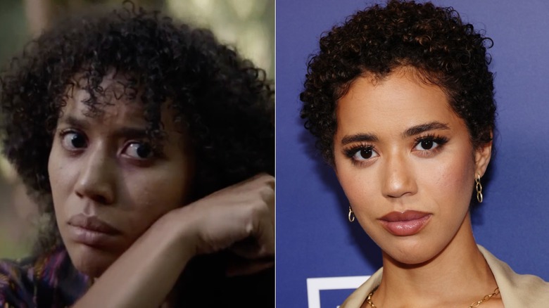 Fotos una al lado de la otra de Jasmin Savoy Brown como su personaje de los Yellowjackets (izquierda) y como ella misma en la alfombra roja (derecha)