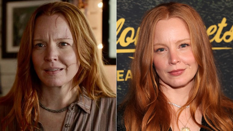 Fotos una al lado de la otra de Lauren Ambrose como su personaje de Yellowjackets (izquierda) y como ella misma en la alfombra roja (derecha)