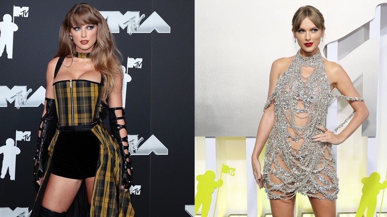 Taylor Swift luce un look a cuadros en los VMA de 2024 a la izquierda y en la foto con un vestido de cristal en los VMA de 2022 a la derecha.