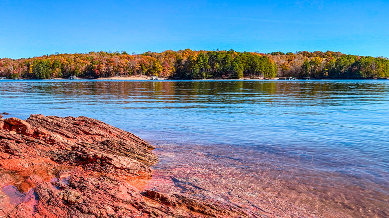 Colorida costa lejana del lago Lanier en Georgia bordeada de follaje de otoño