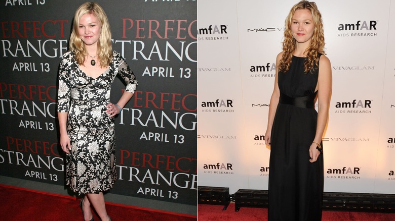 (L) Julia Stiles sonriendo en una alfombra roja en 2007 (R) Julia Stiles con un vestido negro en 2010