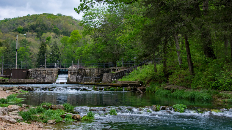 Vistas de la presa rodeadas de vegetación boscosa en el Parque Estatal Roaring River, Missouri