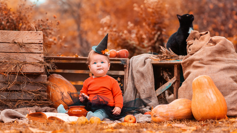 Un bebé disfrazado de calabaza en un entorno otoñal con un gato negro.