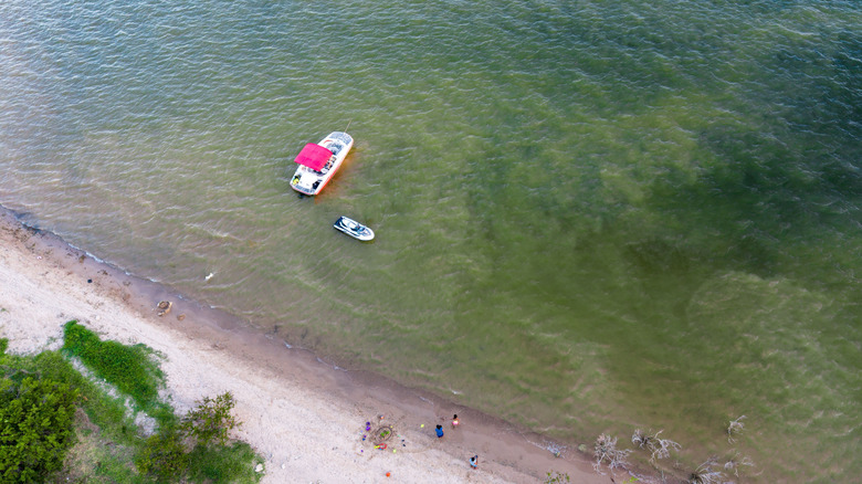 Vista aérea del barco y los nadadores en el lago Whitney