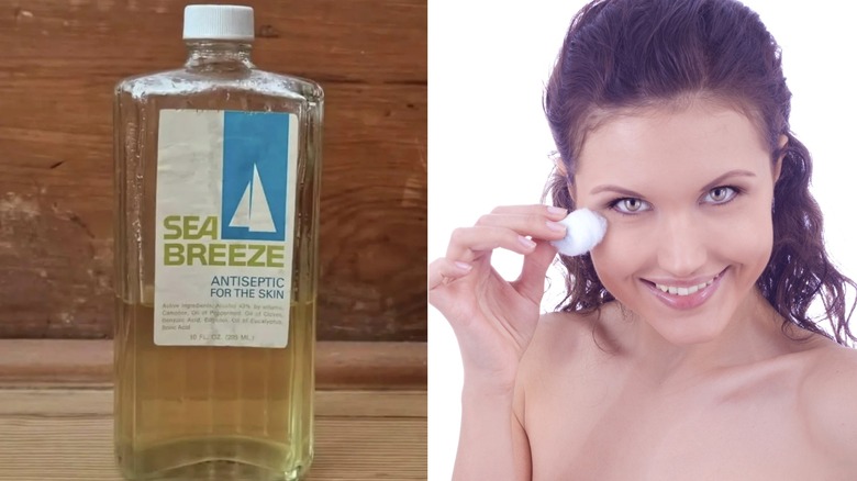 Una botella de Sea Breeze de los años 80 (izq.) y una mujer aplicándose el producto en la cara con un algodón (der.)