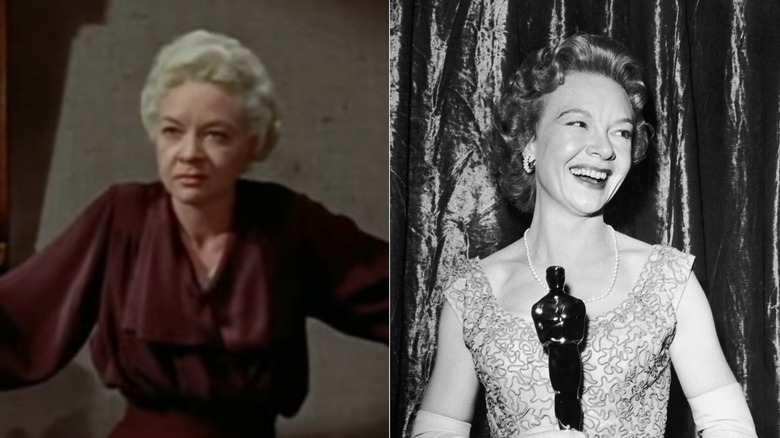 Jo Van Fleet como Kate en 1955 East of Eden (L) y Jo Van Fleet en la vida real recibiendo un premio (R)
