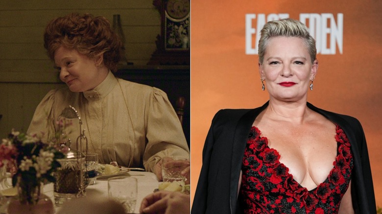 Martha Plimpton como Faye en 2026 East of Eden de Netflix (izq.) y Martha Plimpton en la vida real (der.)
