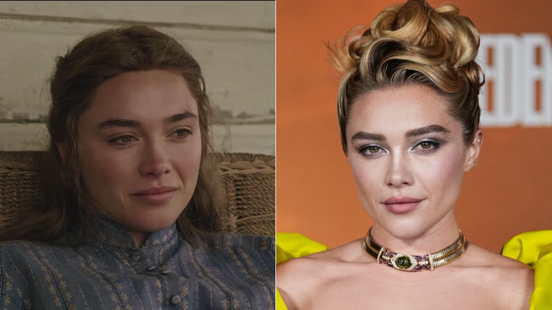 Florence Pugh como Cathy en 2026 East of Eden de Netflix (L) y Florence Pugh en la vida real en East Of Eden